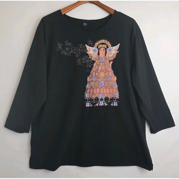 Sabaku Artwear Tops - Sabaku Artwear Black Tunic Angel w/ Floral & Fetish. Lagenlook Art To Wear Sz 1X